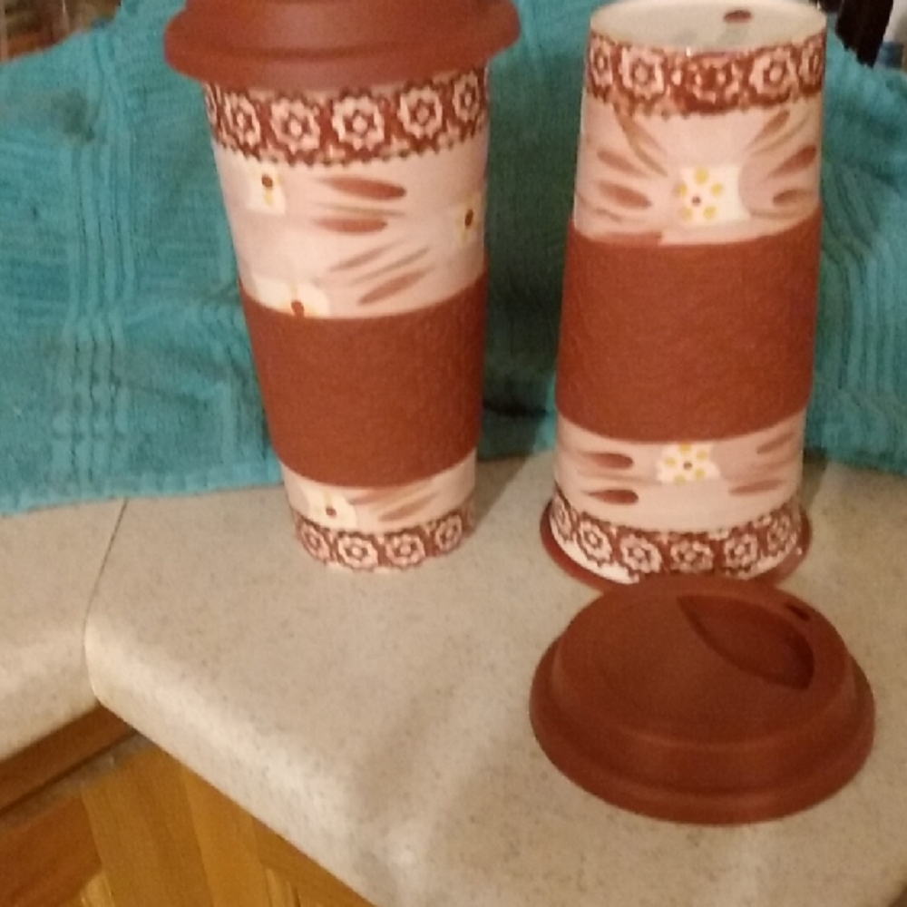 SOLD...Temptations Floral Travel Mugs - Burgundy and Pink.